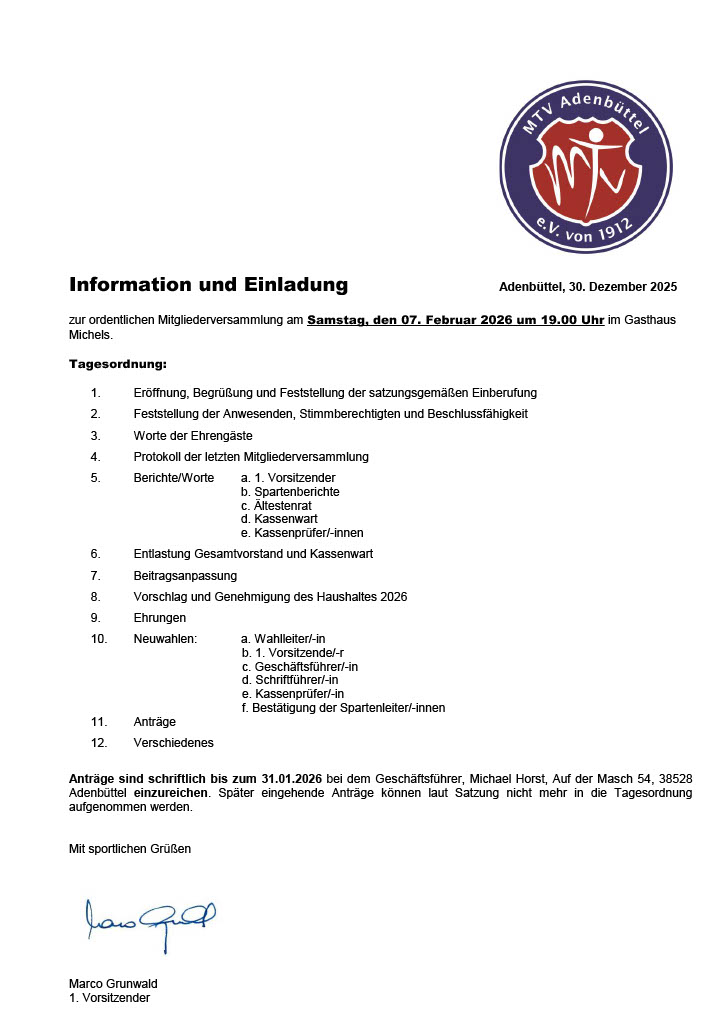 Einladung und Tagesordnung Mitgliederversammlung 07.02.2026
